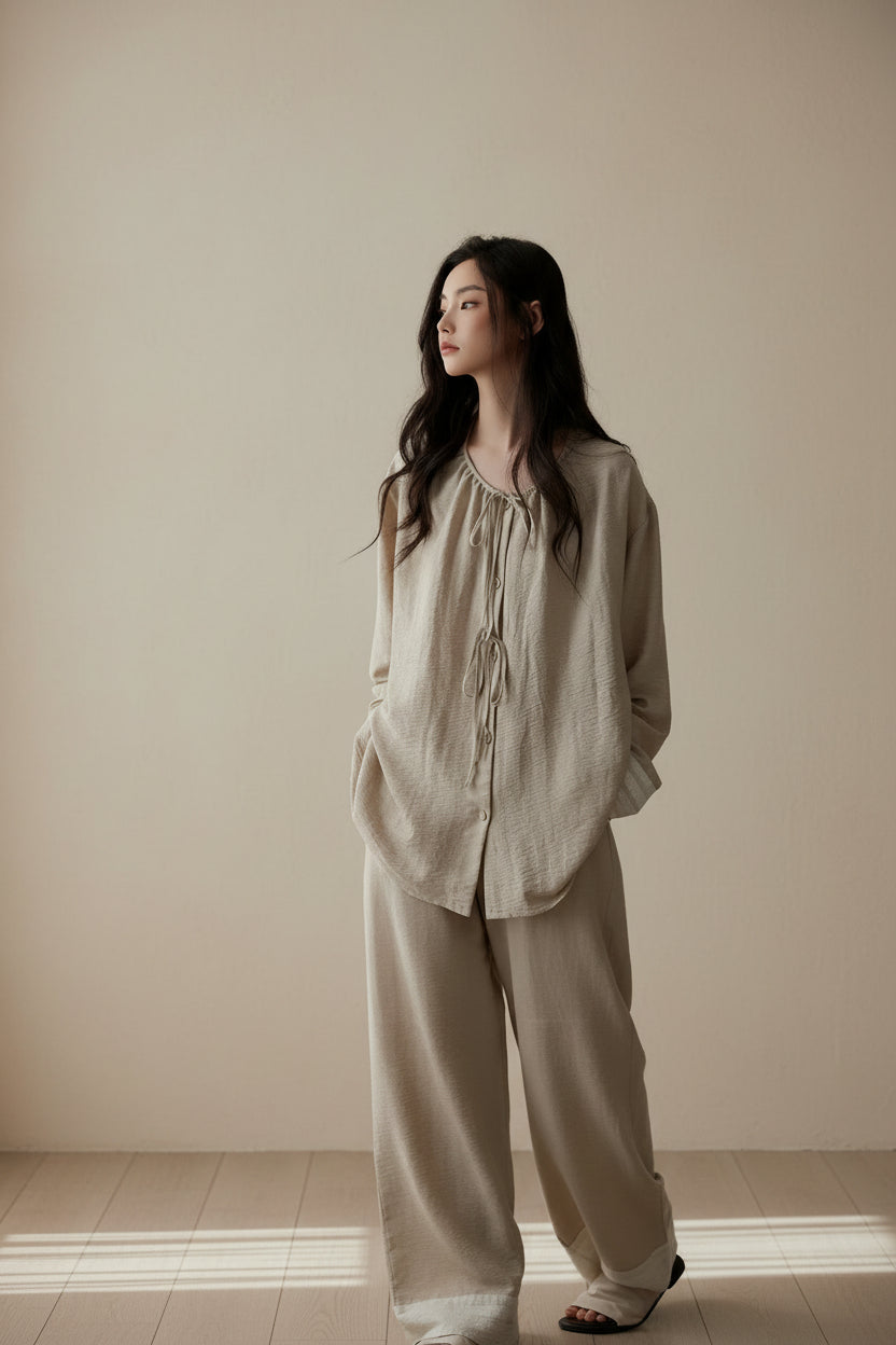 Women’s cotton pyjamas set from Lian Loungewear featuring a comfortable, relaxed fit in soft, breathable fabric for home wear.