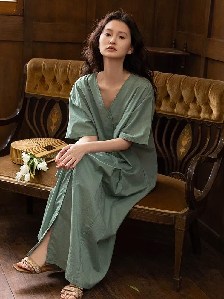 Bamboo Cotton Loungewear Dress: Sage Green Sleep Shirt with Pockets