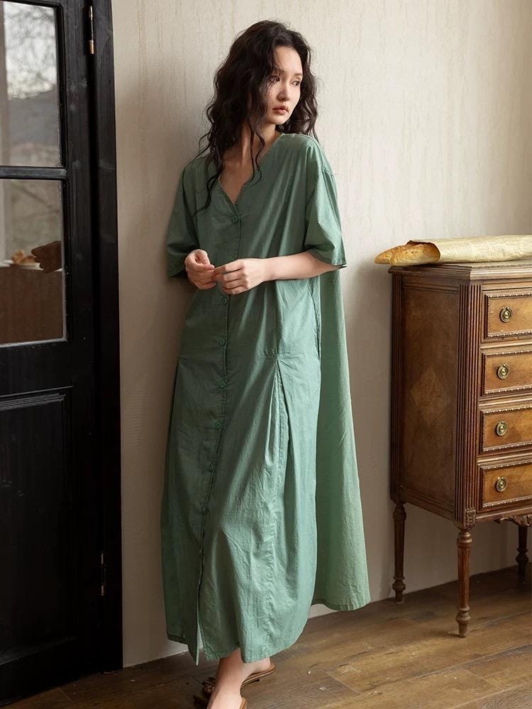 Bamboo Cotton Loungewear Dress: Sage Green Sleep Shirt with Pockets