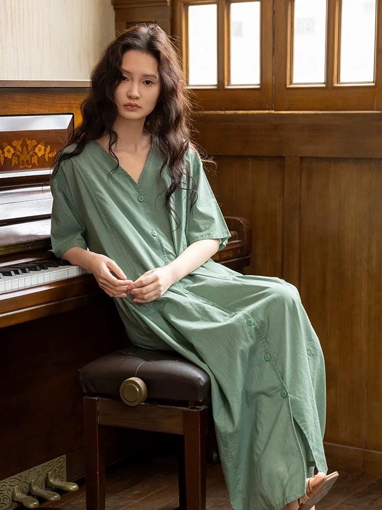 Bamboo Cotton Loungewear Dress: Sage Green Sleep Shirt with Pockets