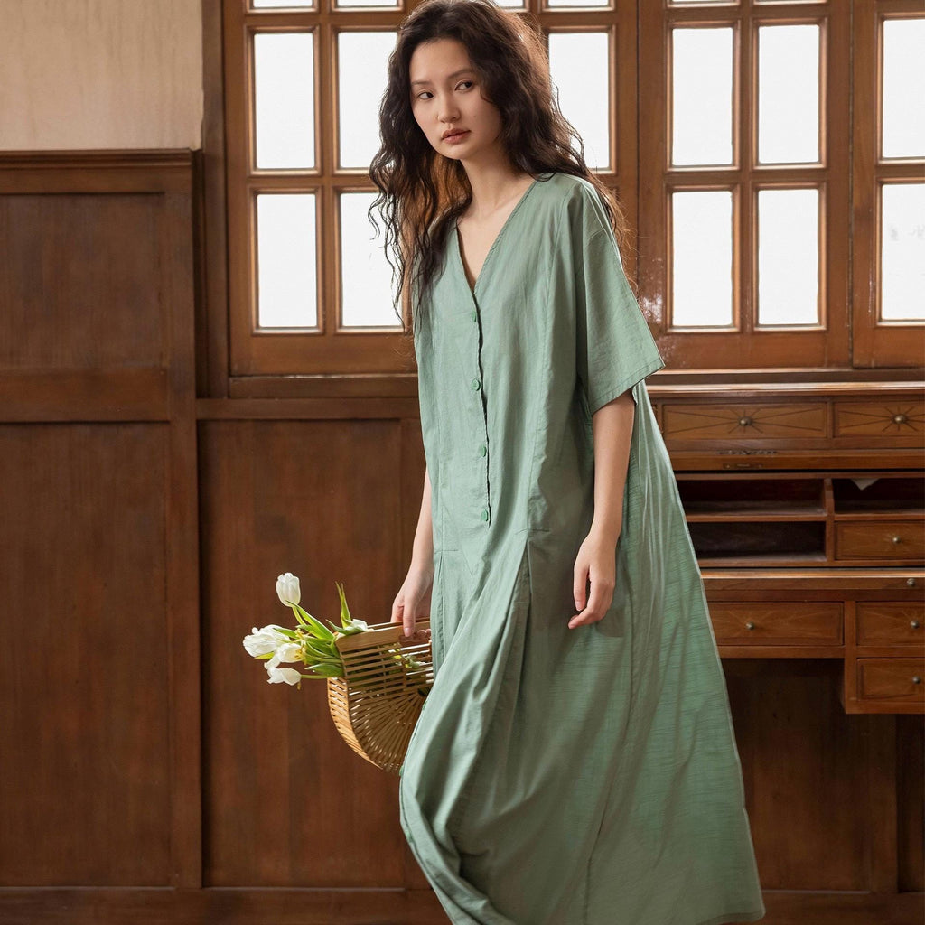 Bamboo Cotton Loungewear Dress: Sage Green Sleep Shirt with Pockets