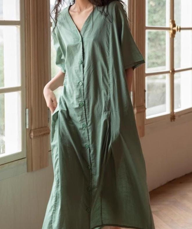Bamboo Cotton Loungewear Dress: Sage Green Sleep Shirt with Pockets