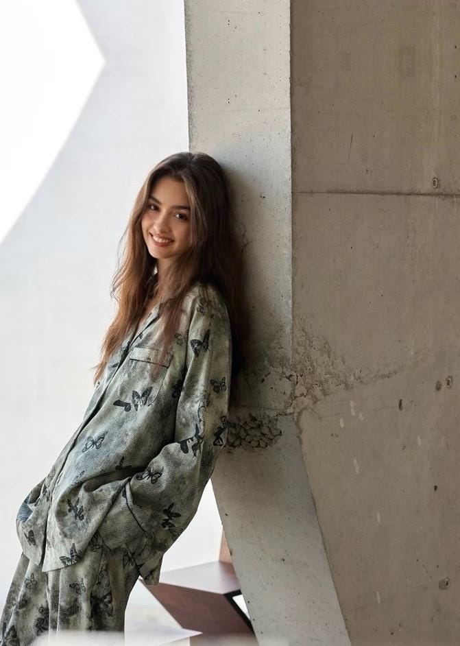 Butterfly Print Cotton Pyjama Set: Oriental Button-Up Loungewear