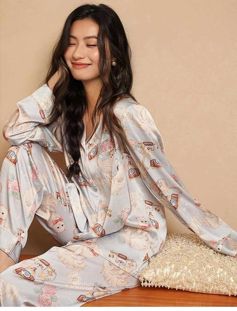 Chic Silk Pyjamas with Bow Ascent Eye Mask: Comfy & Light for Sleep and Lounging Gifts - Women Pyjamas for Winter