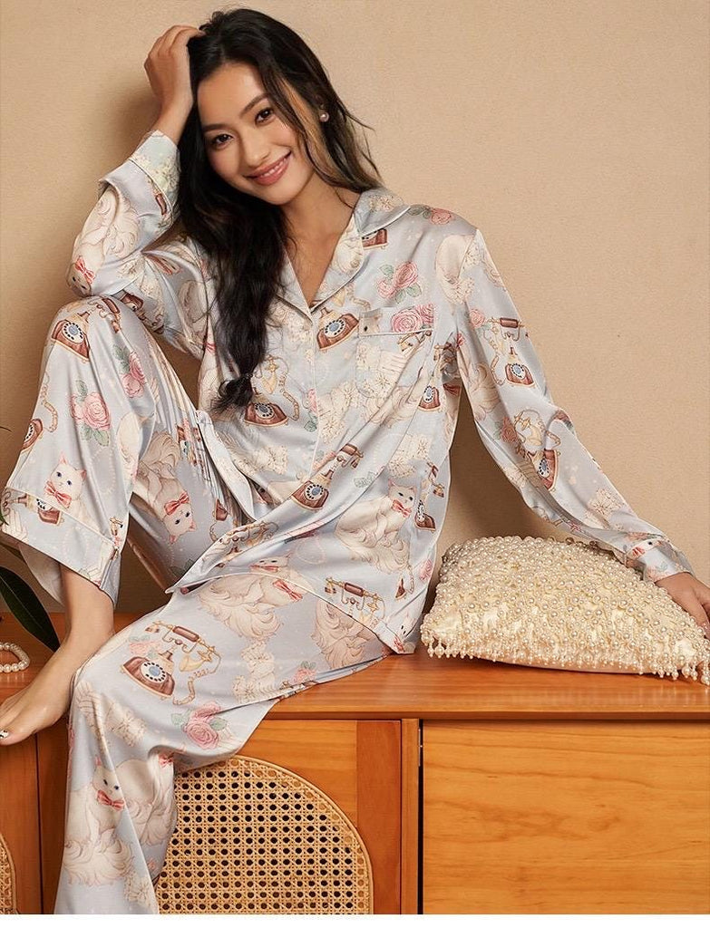 Chic Silk Pyjamas with Bow Ascent Eye Mask: Comfy & Light for Sleep and Lounging Gifts - Women Pyjamas for Winter