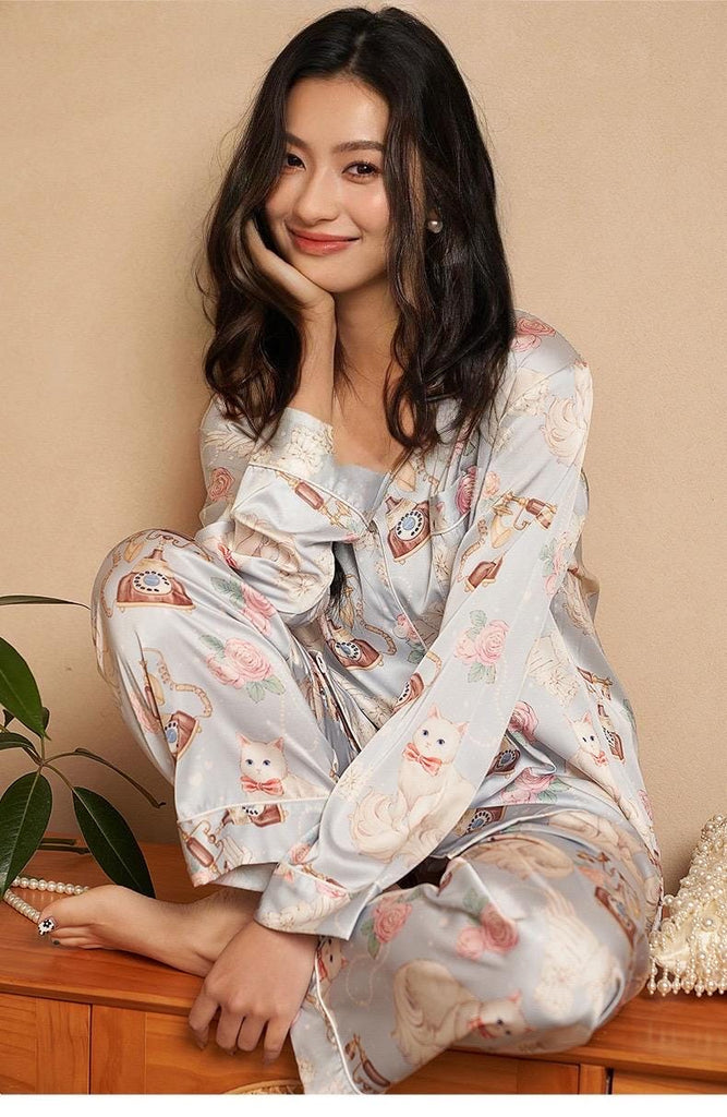Chic Silk Pyjamas with Bow Ascent Eye Mask: Comfy & Light for Sleep and Lounging Gifts - Women Pyjamas for Winter