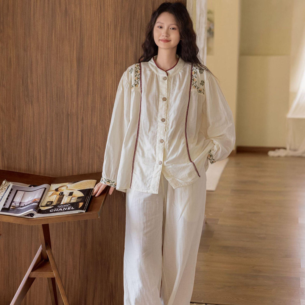 Gauze Cotton Embroidered Loungewear Set for Women – Vintage-Inspired Two-Piece Homewear | Soft Natural Fibre Pyjamas with Hand Detail