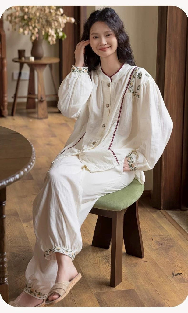 Gauze Cotton Embroidered Loungewear Set for Women – Vintage-Inspired Two-Piece Homewear | Soft Natural Fibre Pyjamas with Hand Detail