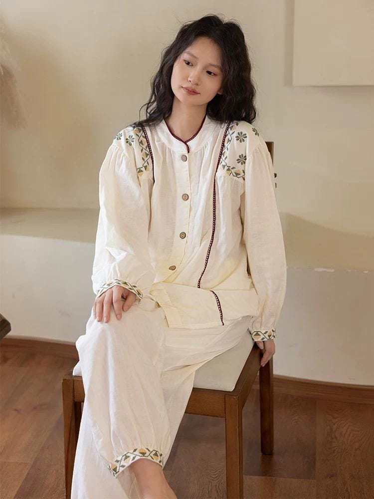 Gauze Cotton Embroidered Loungewear Set for Women – Vintage-Inspired Two-Piece Homewear | Soft Natural Fibre Pyjamas with Hand Detail