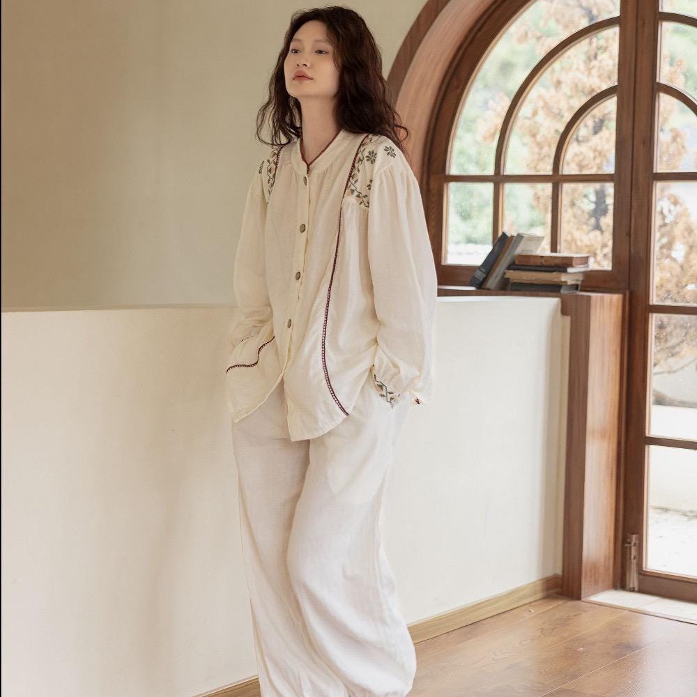 Gauze Cotton Embroidered Loungewear Set for Women – Vintage-Inspired Two-Piece Homewear | Soft Natural Fibre Pyjamas with Hand Detail