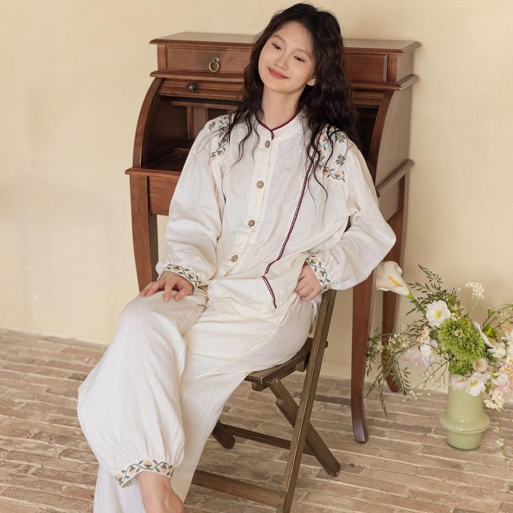 Gauze Cotton Embroidered Loungewear Set for Women – Vintage-Inspired Two-Piece Homewear | Soft Natural Fibre Pyjamas with Hand Detail
