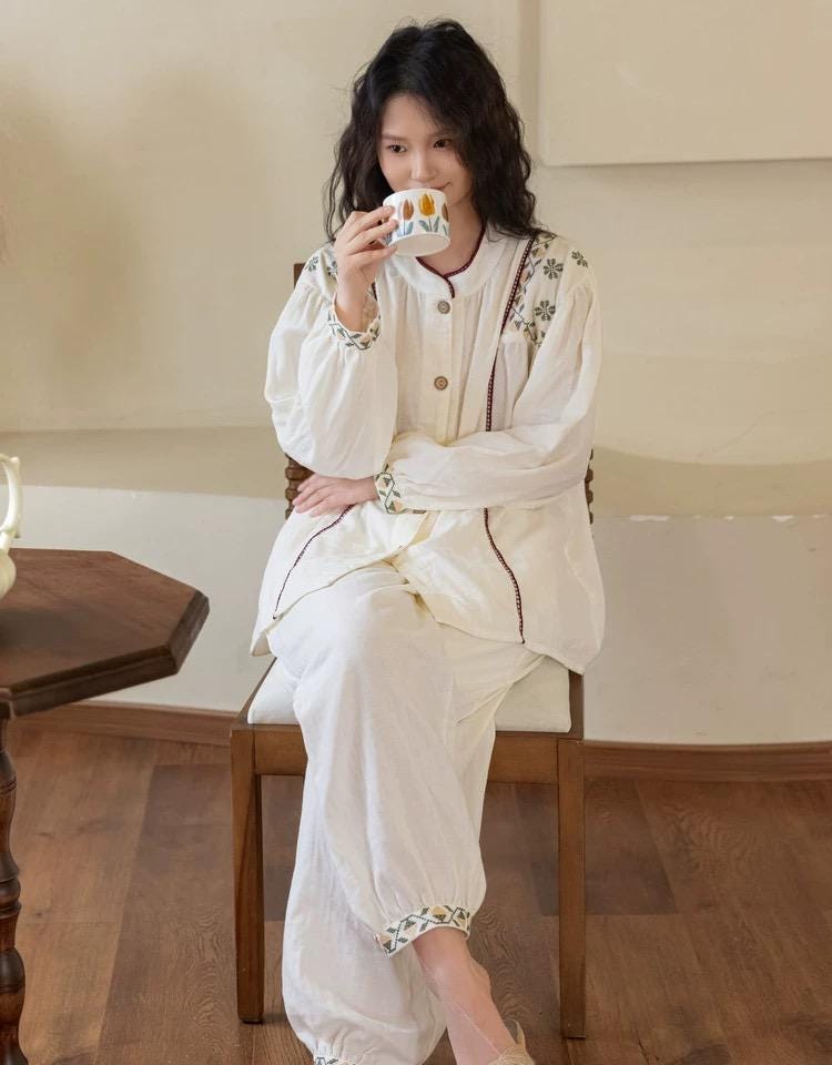Gauze Cotton Embroidered Loungewear Set for Women – Vintage-Inspired Two-Piece Homewear | Soft Natural Fibre Pyjamas with Hand Detail