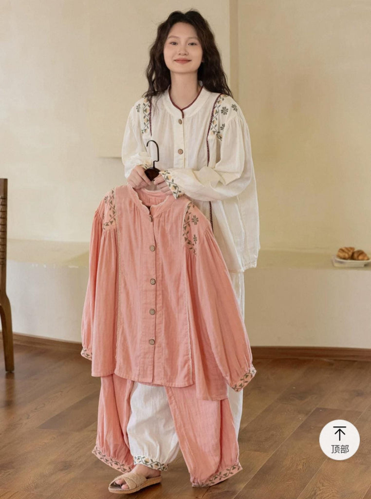 Gauze Cotton Embroidered Loungewear Set for Women – Vintage-Inspired Two-Piece Homewear | Soft Natural Fibre Pyjamas with Hand Detail