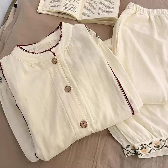 Gauze Cotton Embroidered Loungewear Set for Women – Vintage-Inspired Two-Piece Homewear | Soft Natural Fibre Pyjamas with Hand Detail