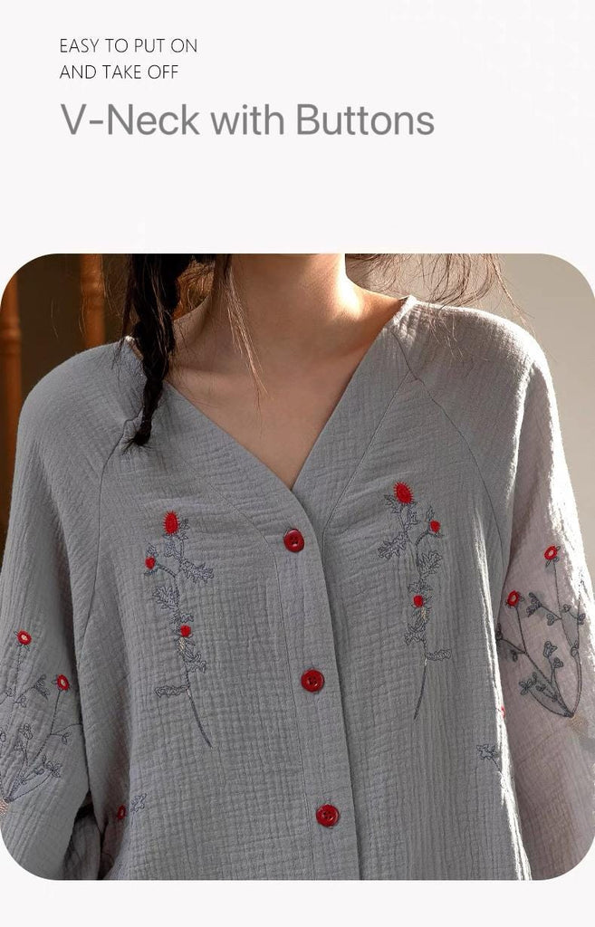 Gauze Cotton Pajama Set: Hand-Embroidered Loungewear - Eco-friendly Cotton Sleep Collection