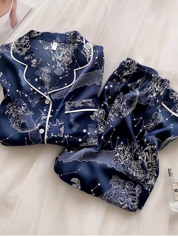 Celestial Satin Silk Blended Pajama Set: Navy Constellation Sleepwear
