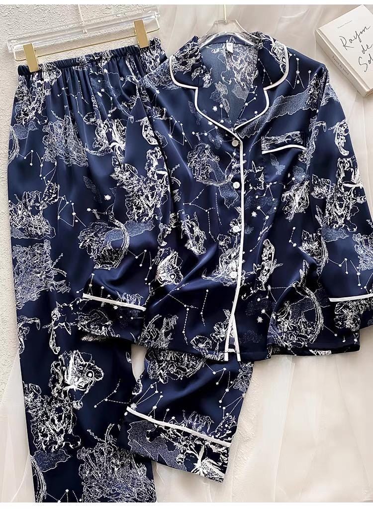 Celestial Satin Silk Blended Pajama Set: Navy Constellation Sleepwear