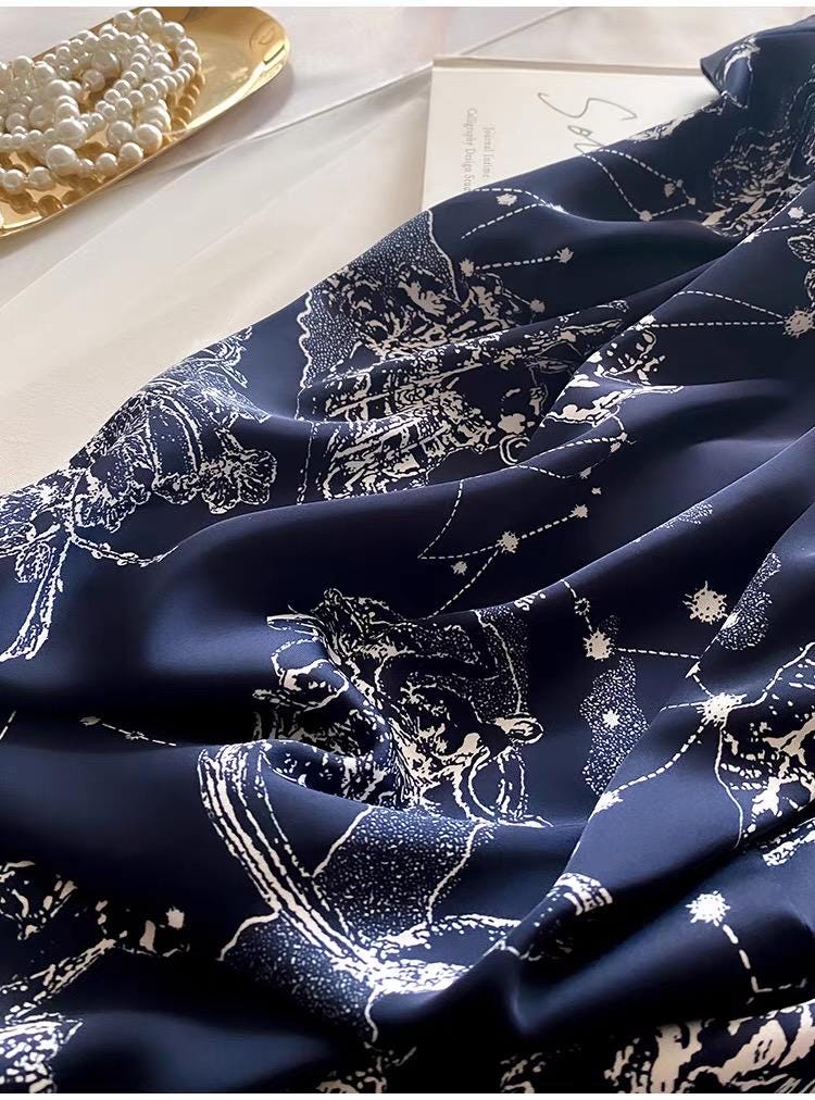 Celestial Satin Silk Blended Pajama Set: Navy Constellation Sleepwear