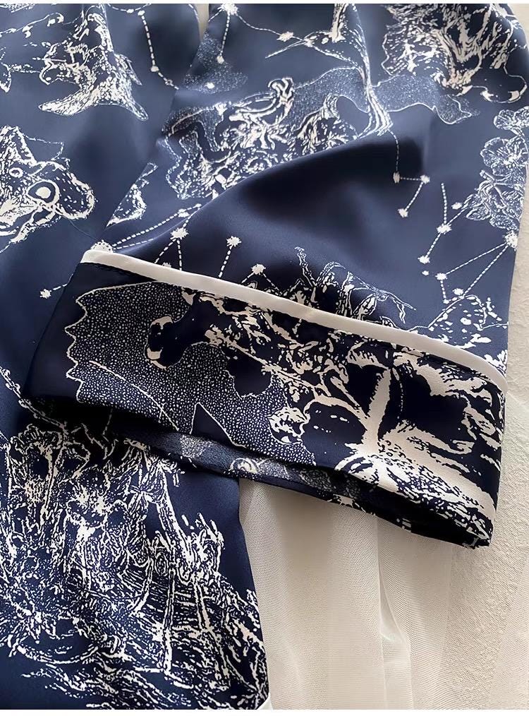 Celestial Satin Silk Blended Pajama Set: Navy Constellation Sleepwear