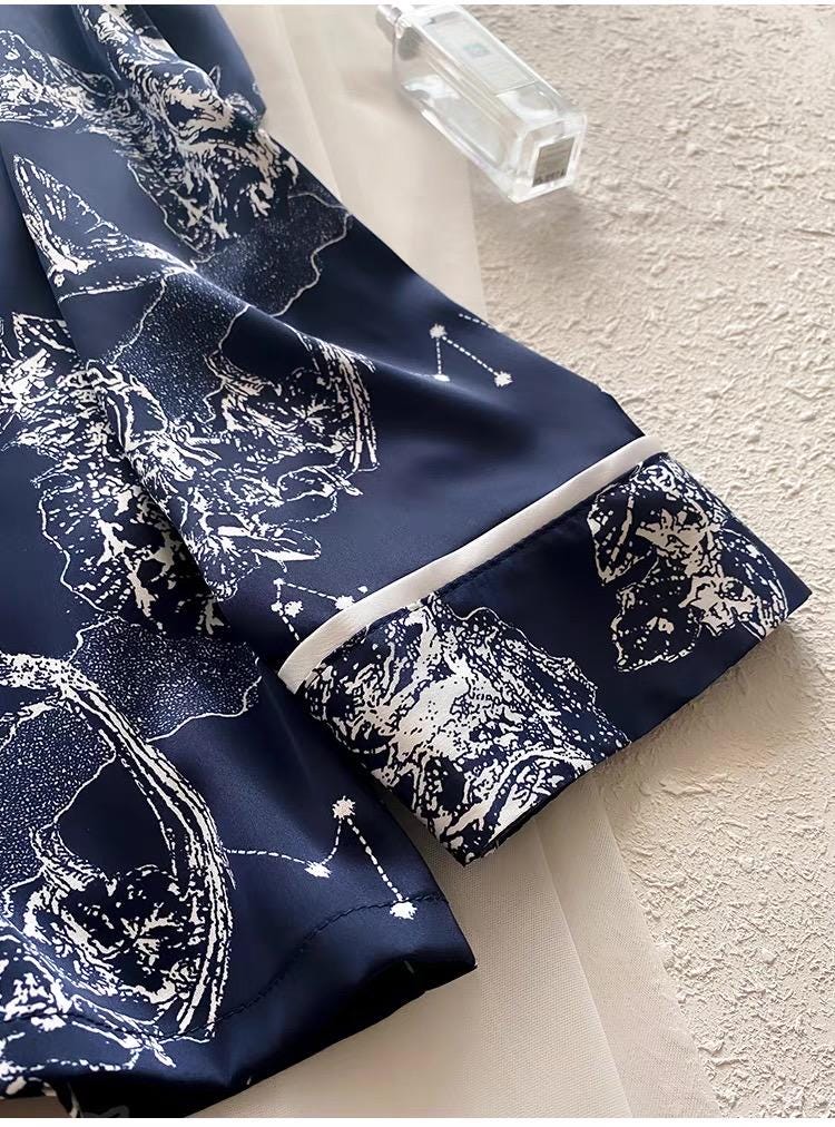 Celestial Satin Silk Blended Pajama Set: Navy Constellation Sleepwear