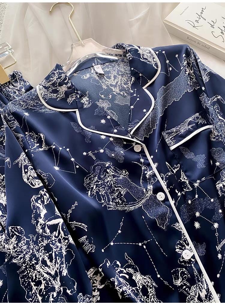 Celestial Satin Silk Blended Pajama Set: Navy Constellation Sleepwear
