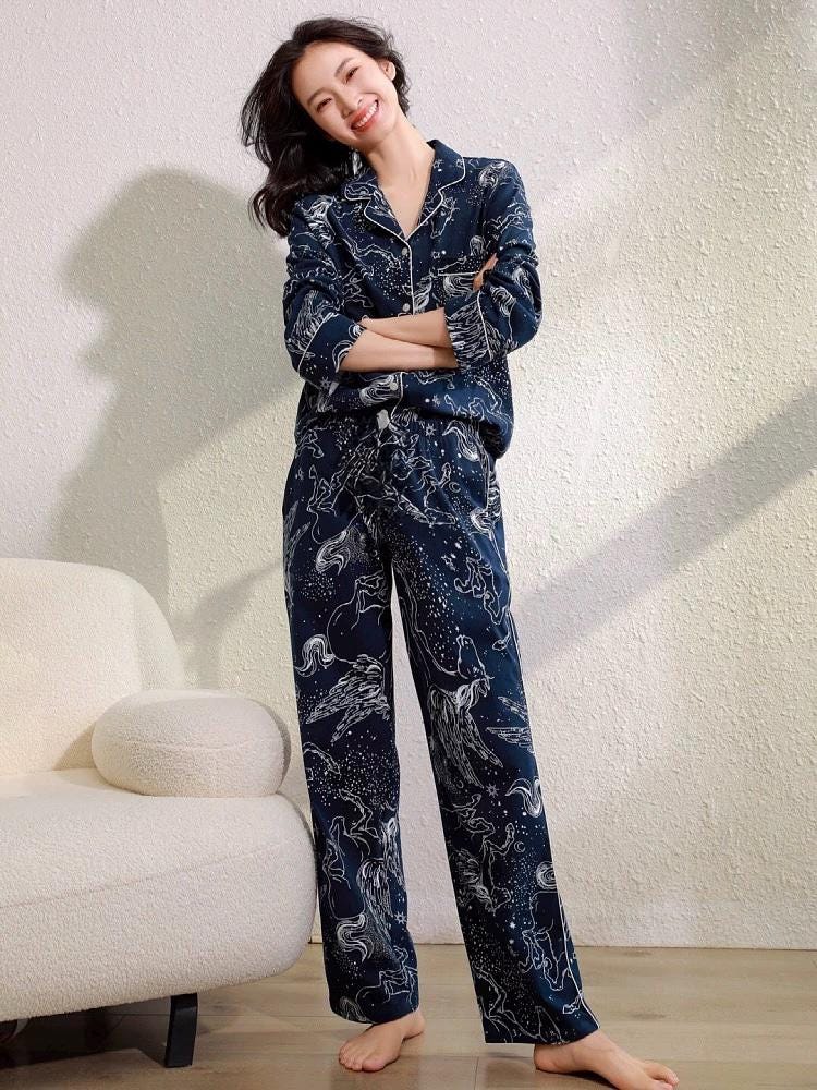 Celestial Satin Silk Blended Pajama Set: Navy Constellation Sleepwear