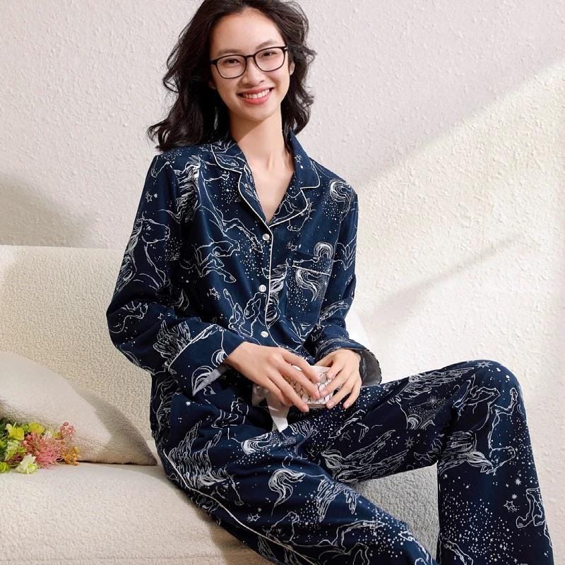 Celestial Satin Silk Blended Pajama Set: Navy Constellation Sleepwear