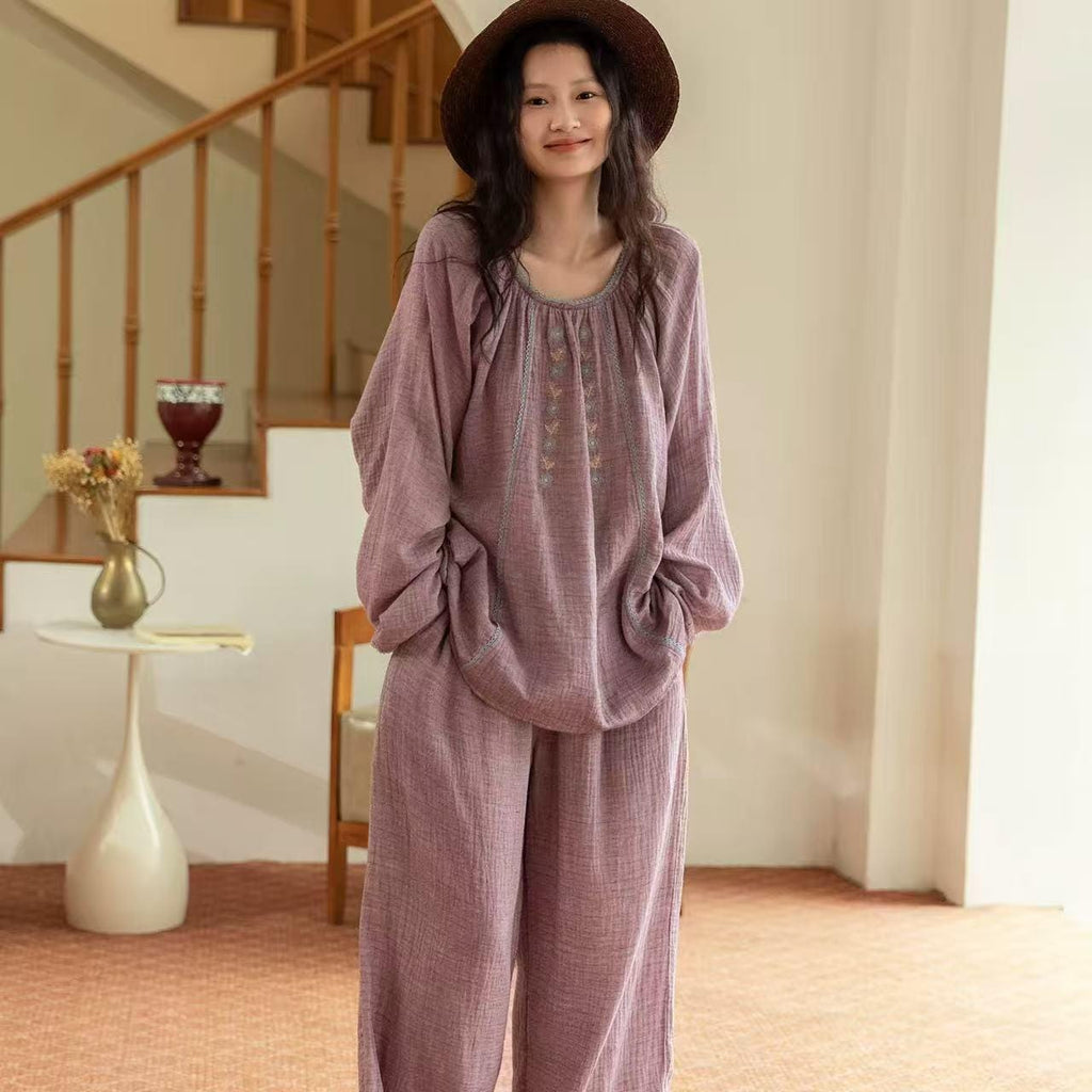 Double Layer Gauze Loungewear, Purple Pajamas and Sleepwear – Women’s Relaxed Long Sleeves Cotton Pajama Pants Set or Dress Gown
