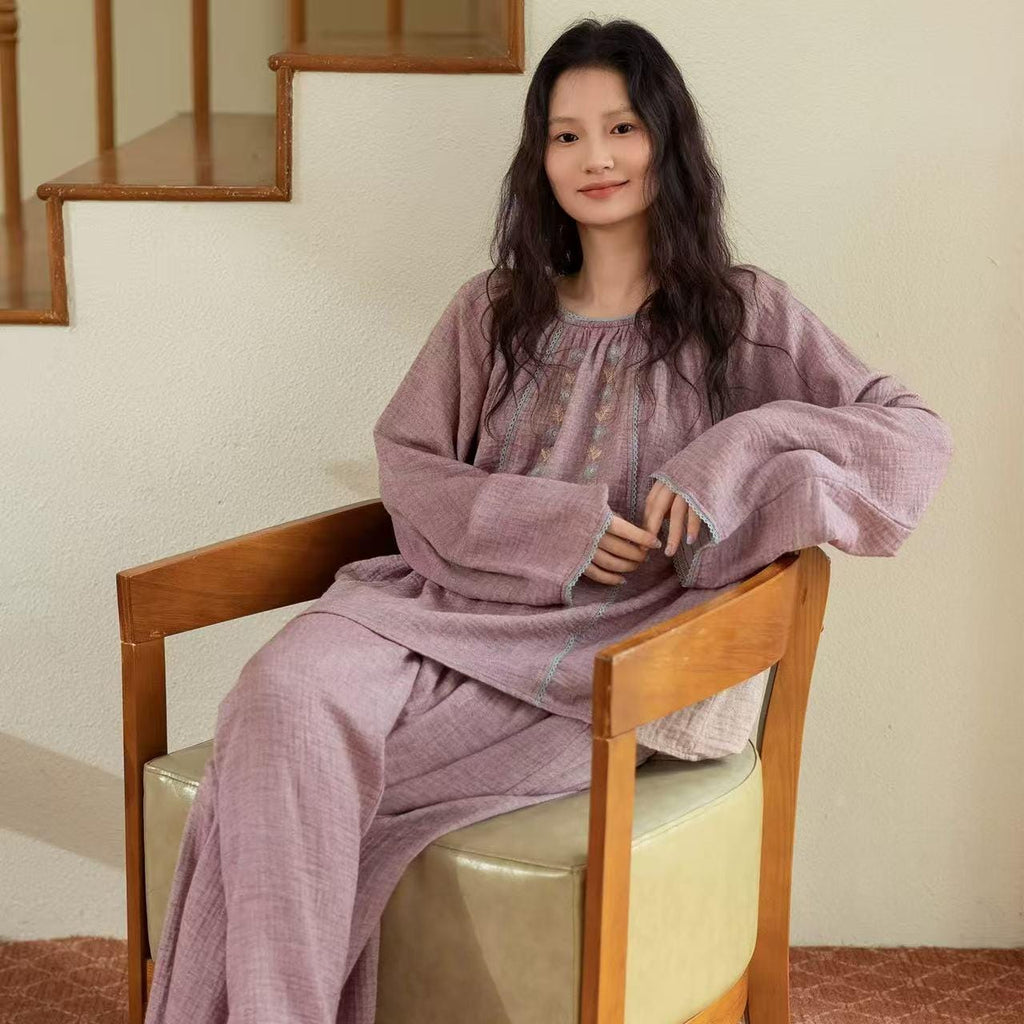Double Layer Gauze Loungewear, Purple Pajamas and Sleepwear – Women’s Relaxed Long Sleeves Cotton Pajama Pants Set or Dress Gown