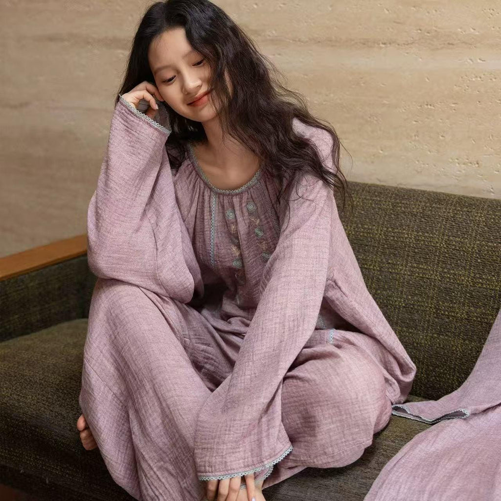 Double Layer Gauze Loungewear, Purple Pajamas and Sleepwear – Women’s Relaxed Long Sleeves Cotton Pajama Pants Set or Dress Gown