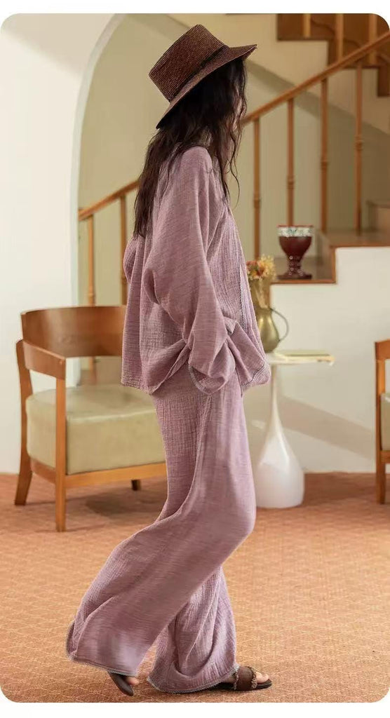 Double Layer Gauze Loungewear, Purple Pajamas and Sleepwear – Women’s Relaxed Long Sleeves Cotton Pajama Pants Set or Dress Gown