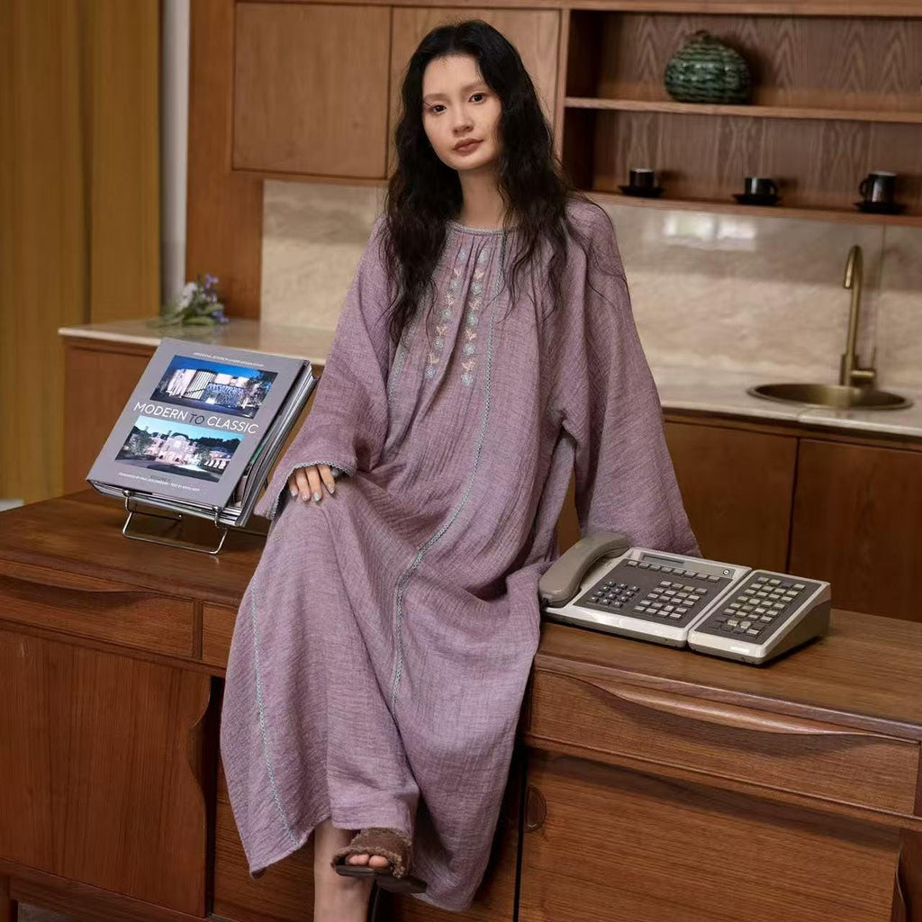 Double Layer Gauze Loungewear, Purple Pajamas and Sleepwear – Women’s Relaxed Long Sleeves Cotton Pajama Pants Set or Dress Gown