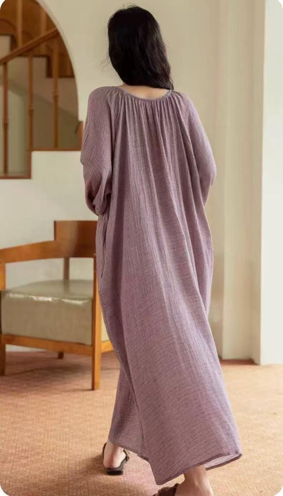 Double Layer Gauze Loungewear, Purple Pajamas and Sleepwear – Women’s Relaxed Long Sleeves Cotton Pajama Pants Set or Dress Gown