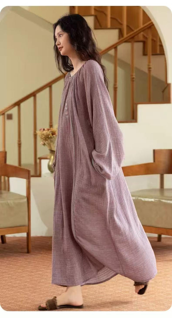 Double Layer Gauze Loungewear, Purple Pajamas and Sleepwear – Women’s Relaxed Long Sleeves Cotton Pajama Pants Set or Dress Gown