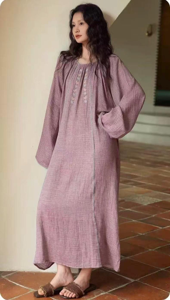 Double Layer Gauze Loungewear, Purple Pajamas and Sleepwear – Women’s Relaxed Long Sleeves Cotton Pajama Pants Set or Dress Gown