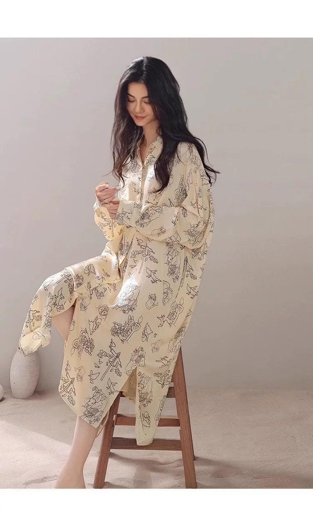 Elegant silk pyjamas with Easter bunny print, perfect for spring and summer sleepwear.