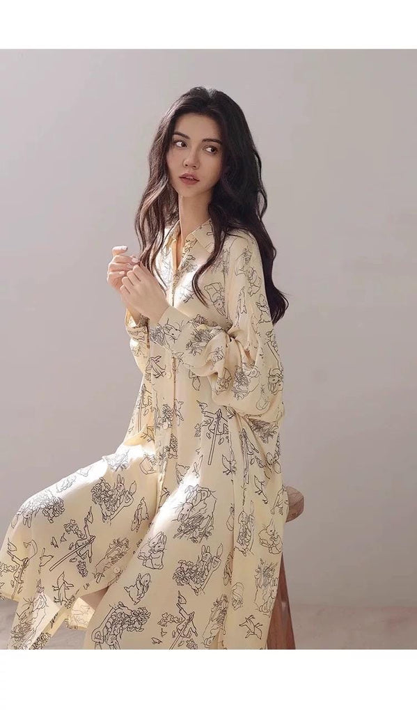 Silk Blended Rabbits Print Pajamas: Breathable Loungewear Nightdress - Gifts for Daughter