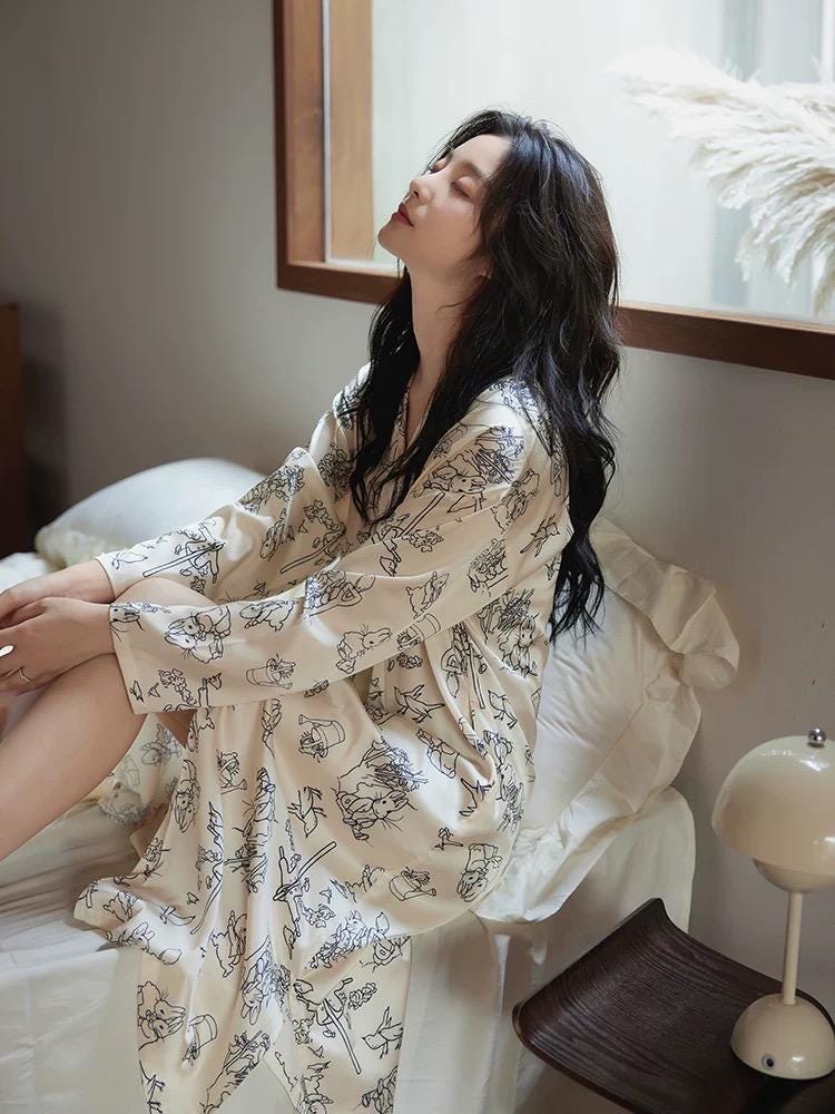 Lightweight and breathable silk nightdress featuring a whimsical rabbit pattern.