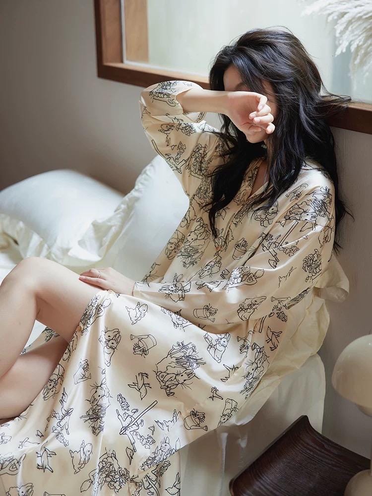 Chic Easter-inspired silk pyjamas set, ideal for lounging or sleeping in comfort.