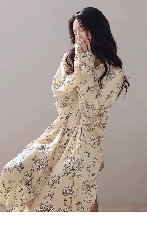 Soft silk nightdress with an elegant bunny print, designed for spring and summer nights.