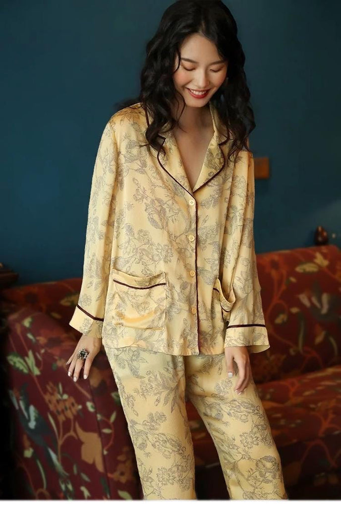 Silk Pajamas in Classic Yellow with Oriental Floral Print – Soft Breathable Nightwear for Women, Elegant Silk Sleepwear with Oriental Design