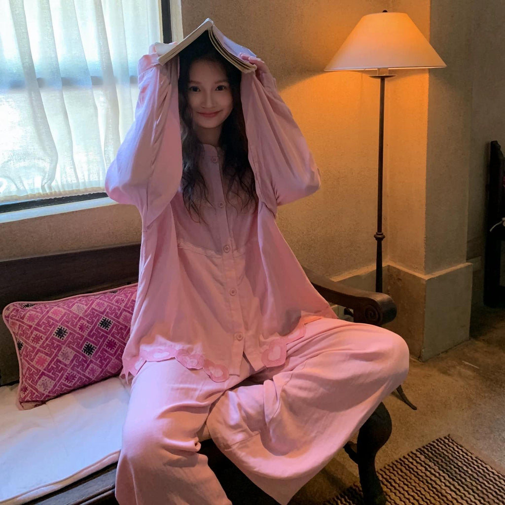Sustainable Cotton Sleepwear Set / Pink Embroidered Heart Trim Loungewear / Feminine Pyjamas Gift Idea for Daughter