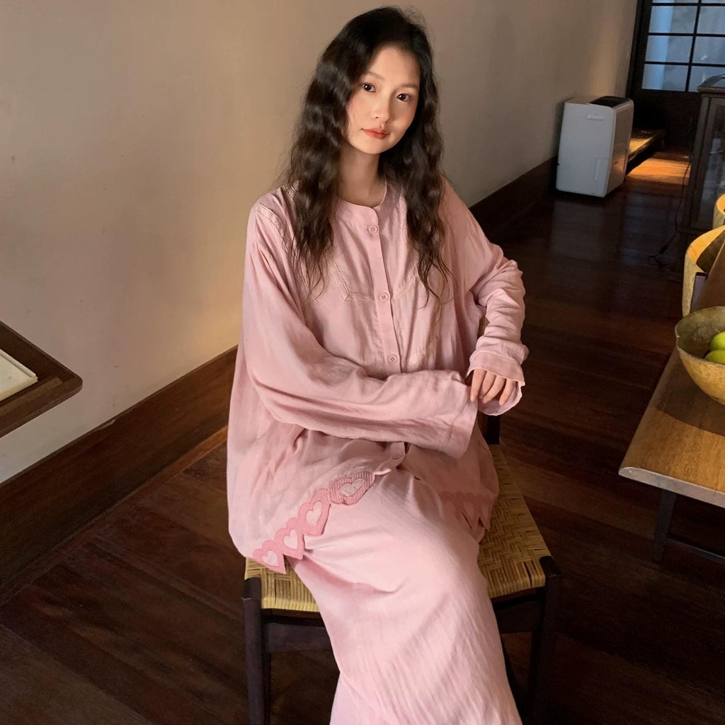 Sustainable Cotton Sleepwear Set / Pink Embroidered Heart Trim Loungewear / Feminine Pyjamas Gift Idea for Daughter