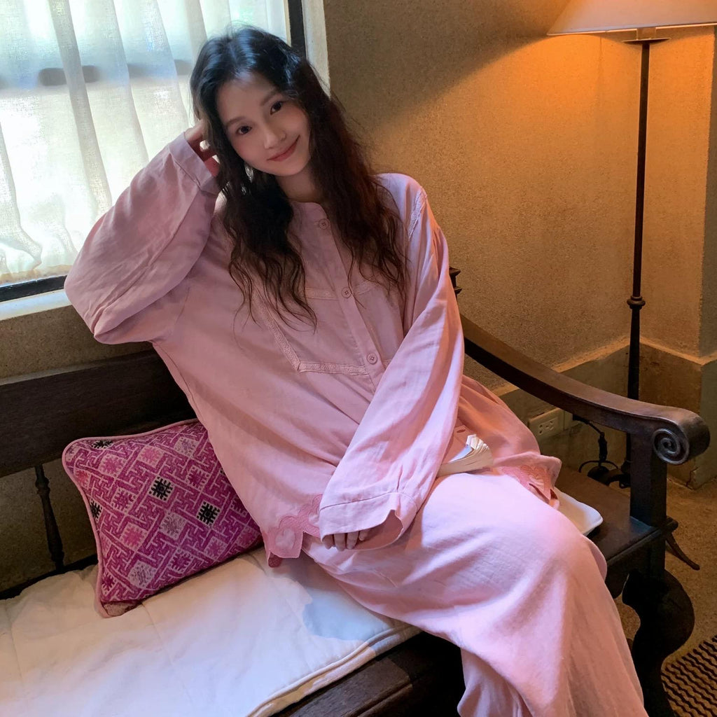 Sustainable Cotton Sleepwear Set / Pink Embroidered Heart Trim Loungewear / Feminine Pyjamas Gift Idea for Daughter