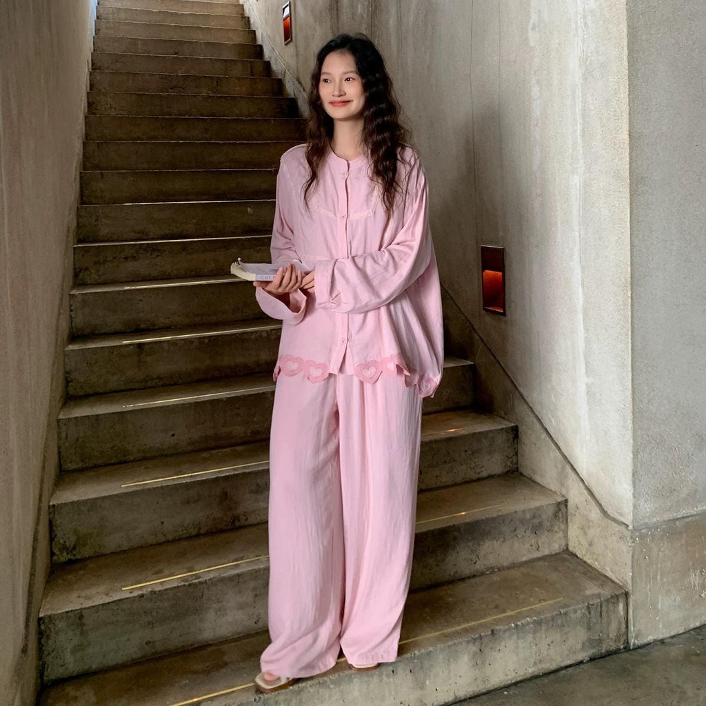 Sustainable Cotton Sleepwear Set / Pink Embroidered Heart Trim Loungewear / Feminine Pyjamas Gift Idea for Daughter