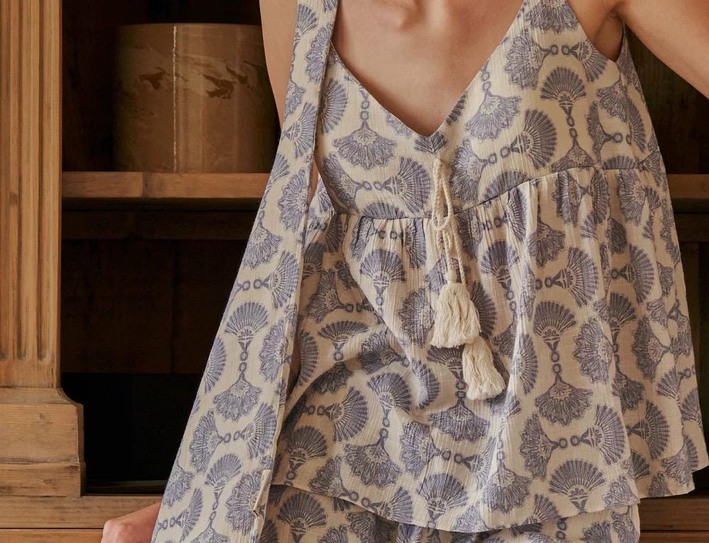 Cotton Kimono Robe 3PCS Set: Blue Fan Print Loungewear - Linen Feel Pyjmas