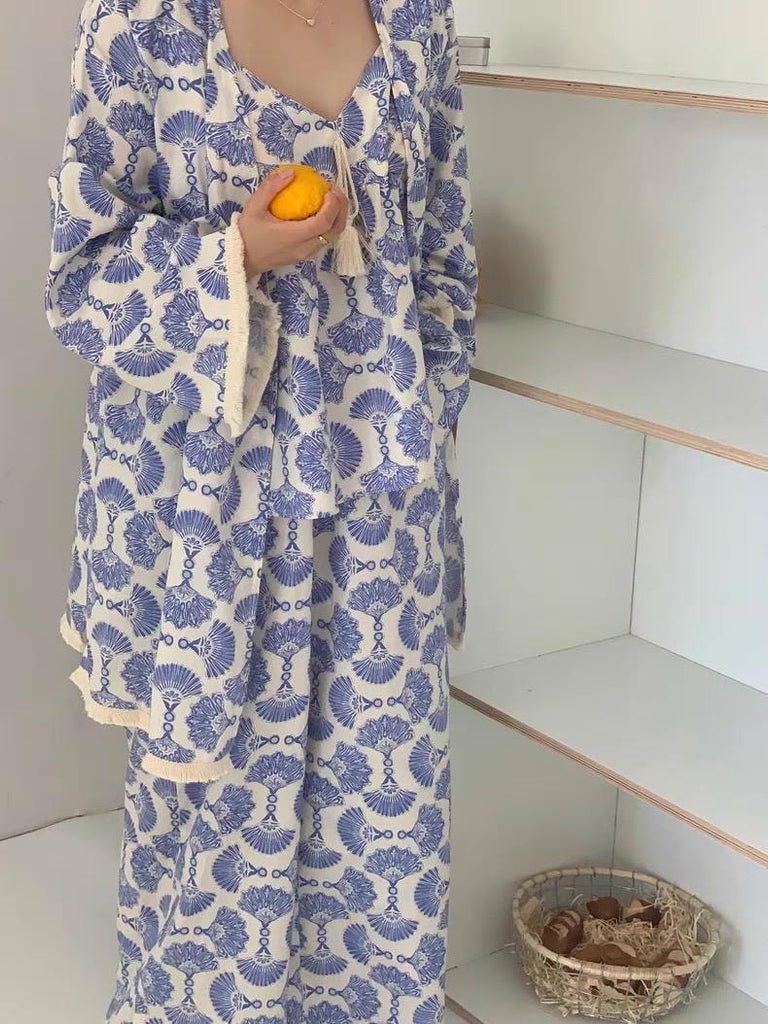 Cotton Kimono Robe 3PCS Set: Blue Fan Print Loungewear - Linen Feel Pyjmas