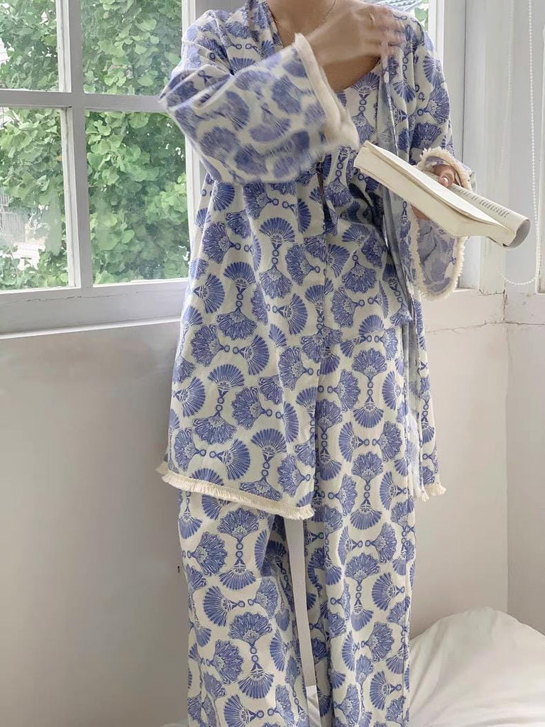 Cotton Kimono Robe 3PCS Set: Blue Fan Print Loungewear - Linen Feel Pyjmas