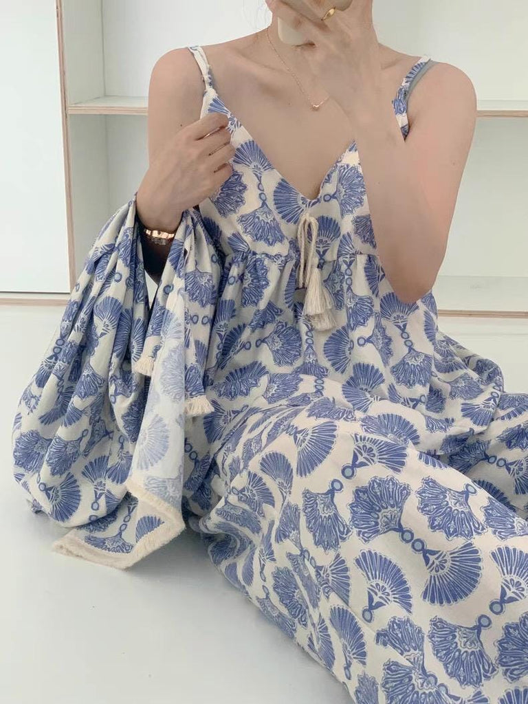 Cotton Kimono Robe 3PCS Set: Blue Fan Print Loungewear - Linen Feel Pyjmas
