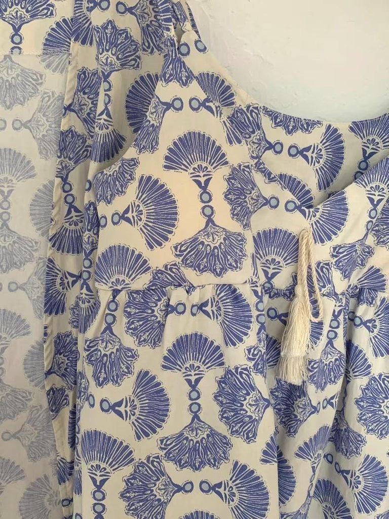 Cotton Kimono Robe 3PCS Set: Blue Fan Print Loungewear - Linen Feel Pyjmas